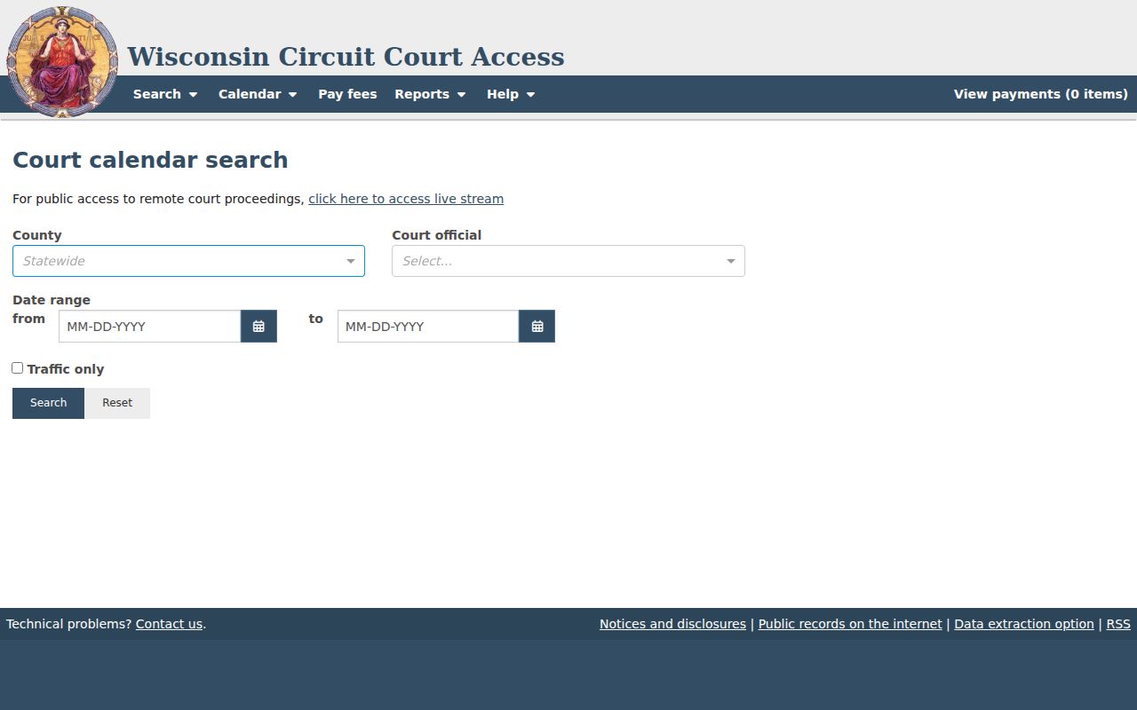 WCCA court-official calendar interface for Barron County hearing dates